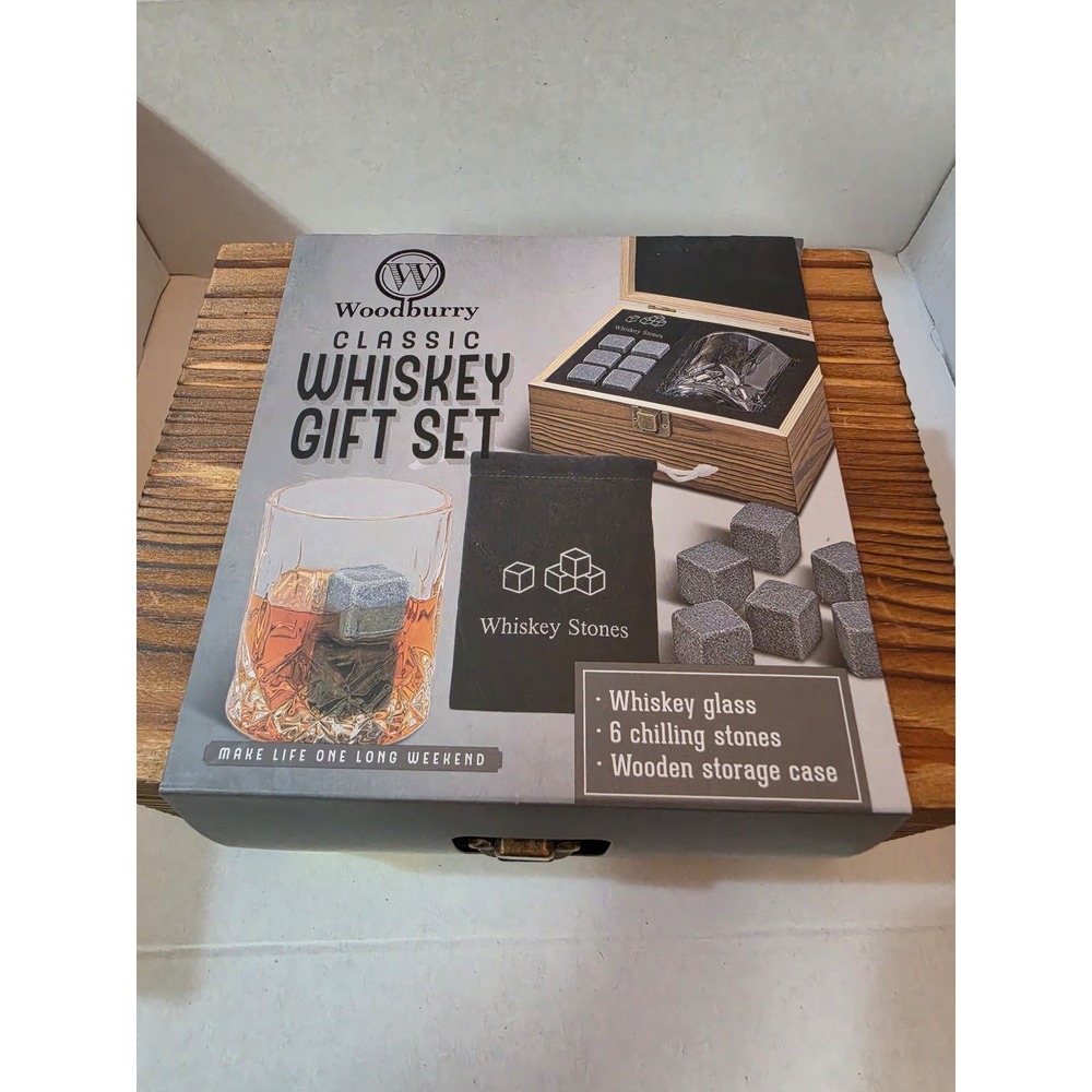 Woodburry Classic Whiskey Gift Set Glass 6 Chilling Stones Wooden Chest NIB New